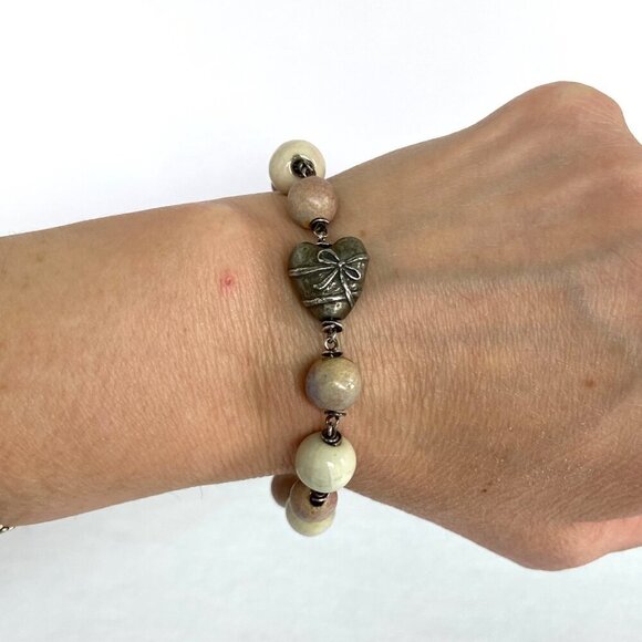 Sterling Silver 925 Italy Ceramic Beaded Pewter Heart Bow Bracelet - Picture 13 of 16